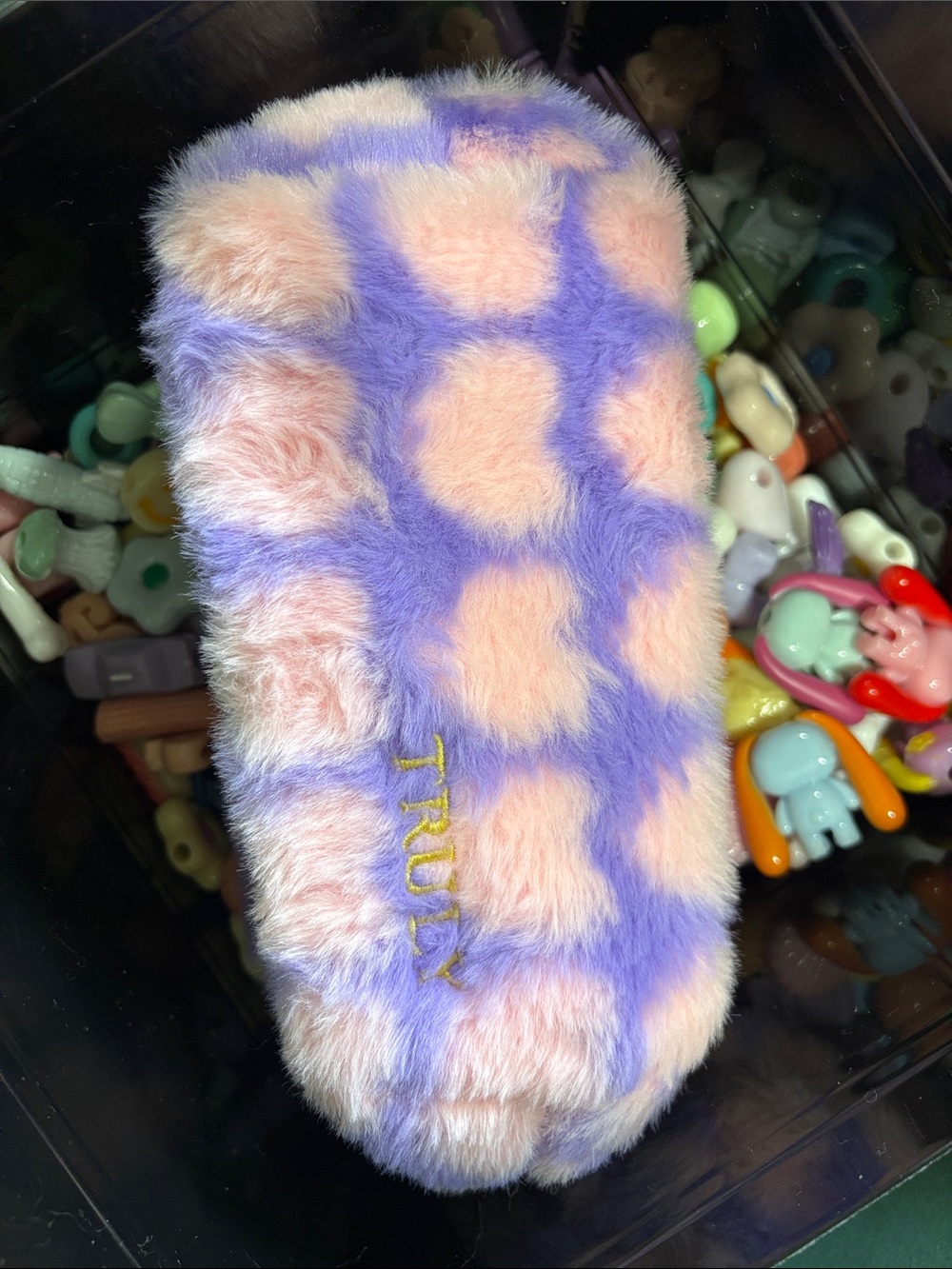 TRULY Plush Furry makeup pouch purple with pink hearts